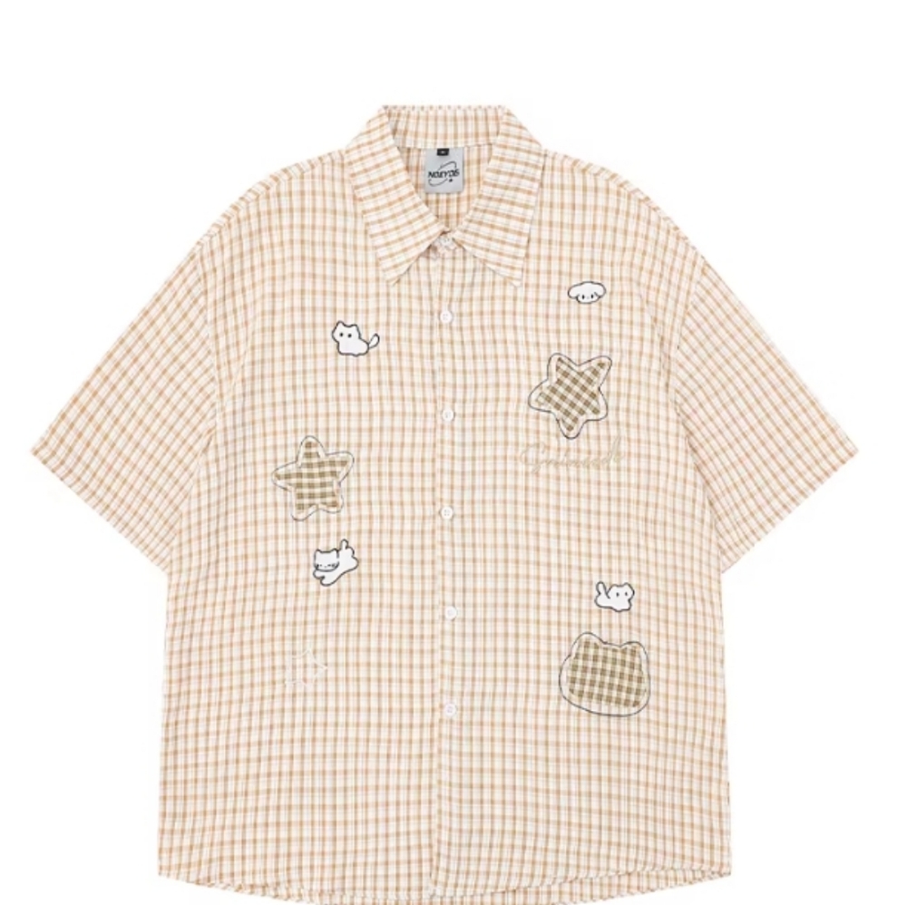 Beige Gingham Cat Star Patchwork Shirt